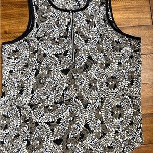 Larry Levine Black, Tan and White Zip-Front Printed Tank